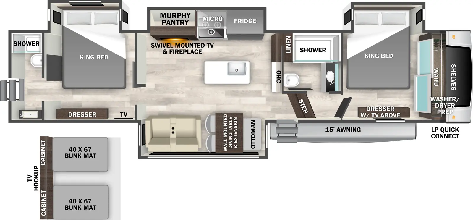 The Cedar Creek Experience 38DB floorplan has two entries and four slide outs. Exterior features include: fiberglass exterior and 15' awning. Interiors features include: loft, kitchen island, front bedroom, two bedrooms, rear bathroom and two full bathrooms.